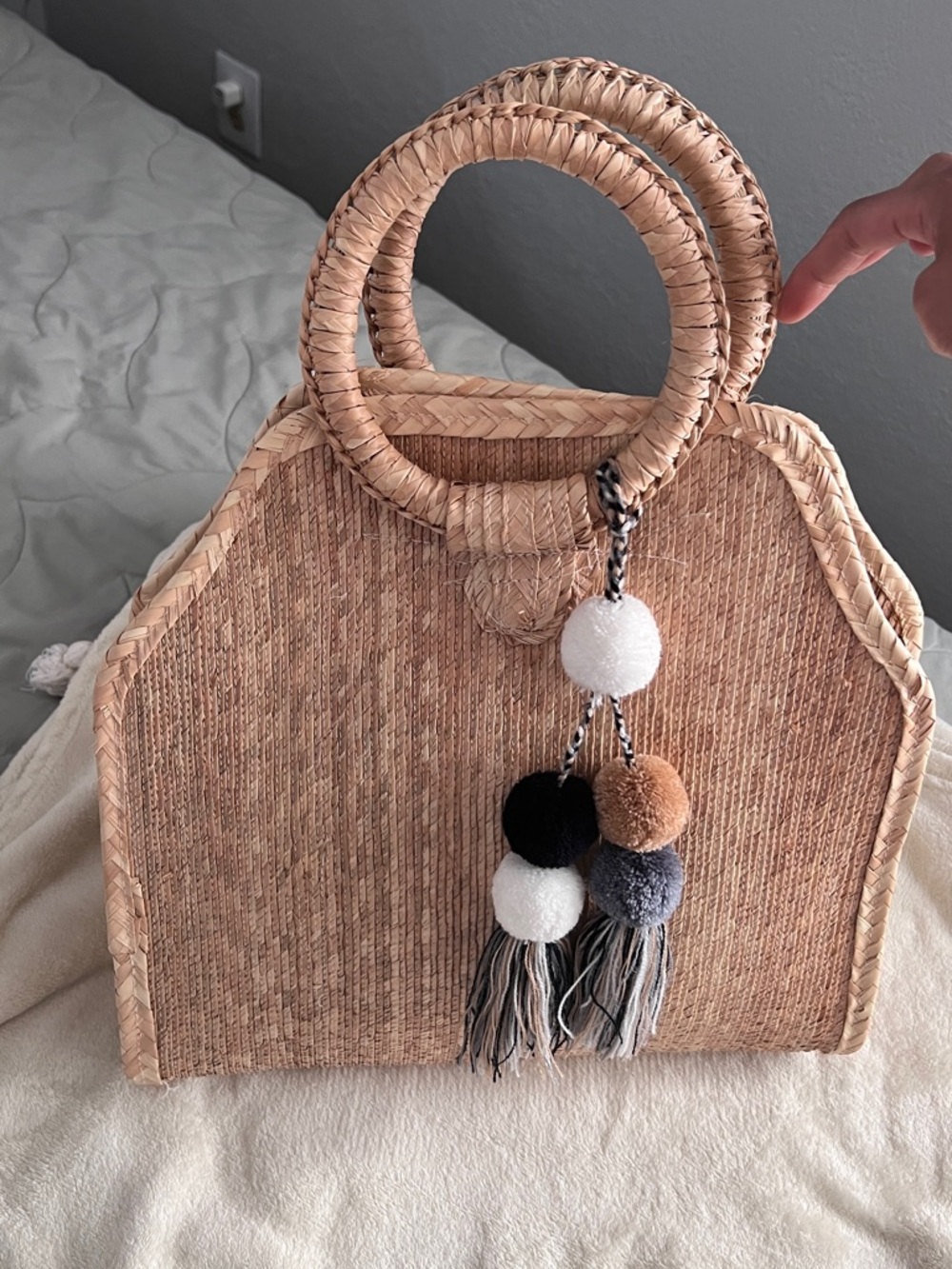 Woven Straw Tote Bag with Pom Pom Tassels - Natural